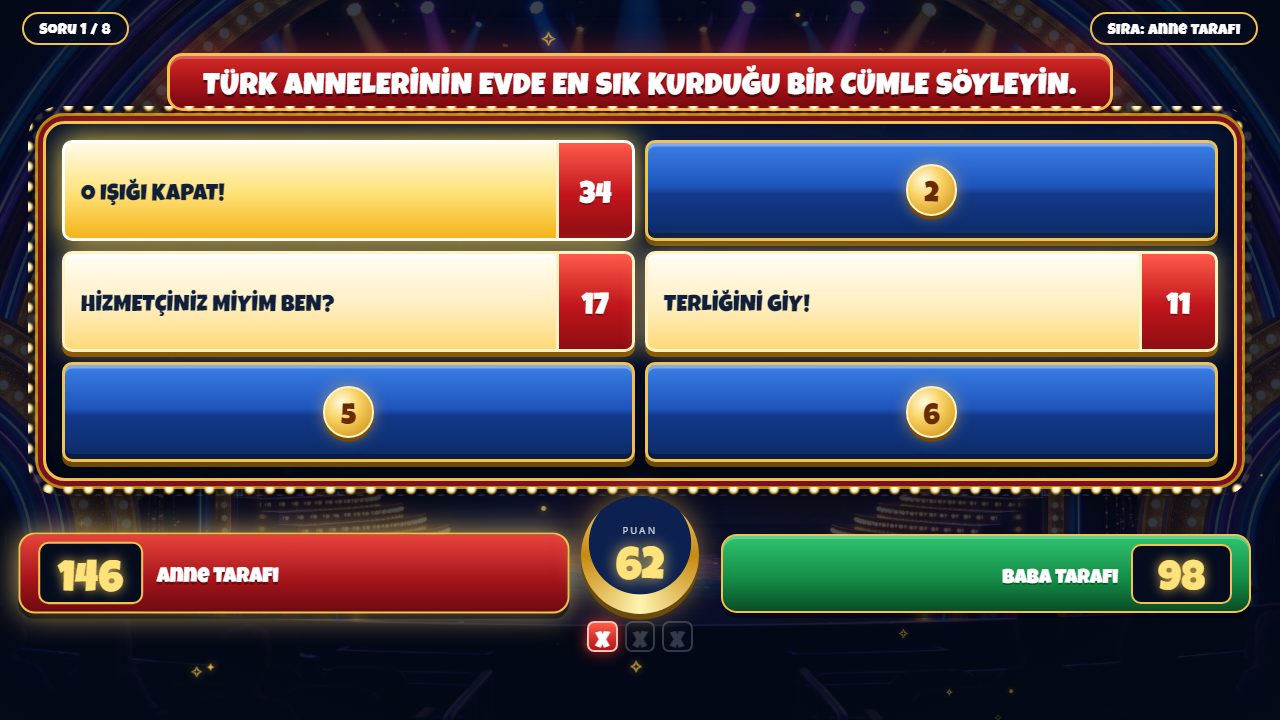 Ahaliye Sorduk oyun ekranı: soru, açılan cevap kartları ve takım puanları